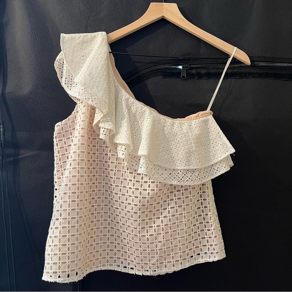 NWT J. Crew White One Shoulder Eyelet Ruffle Blouse Top Size 4 Preppy Feminine - Picture 2 of 8